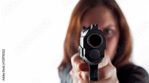 Woman is holding a gun pointed at the camera. Generative AI