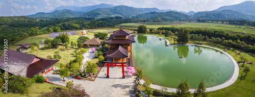 Aerial views of Japanese theme park Hinoki Land in Chai Prakan District, Chiang Mai, Thailand photo