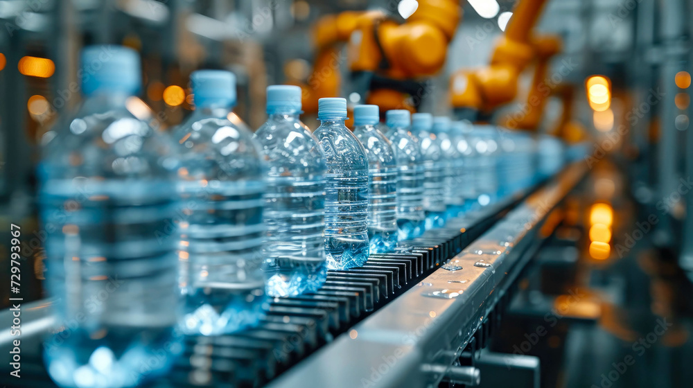 Plastic bottles on conveyor belt in factory. Industrial background