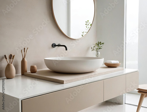 Minimalistic Workspace - Serene Bathroom with Functional Storage Solutions Gen AI