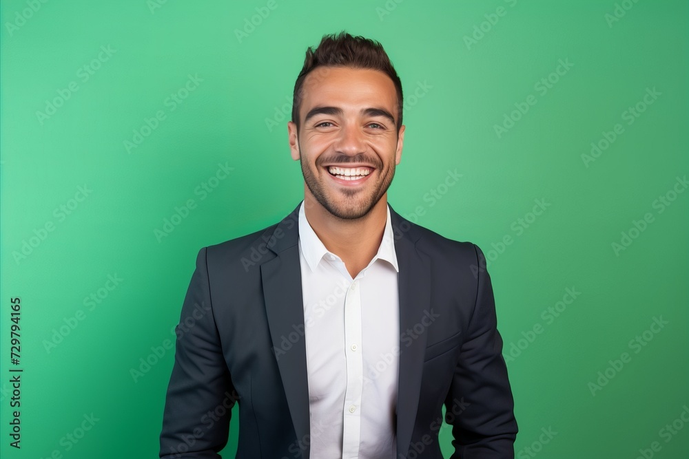 Portrait of a young business man smiling at camera against green background Portrait of a young business man smiling at camera against green background