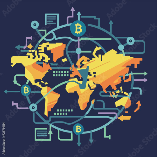 2d vector illustration colorful trading over the world map money bitcoin crypto 
