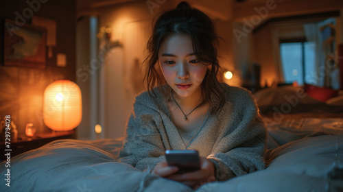 Young woman playing with smartphone on bed