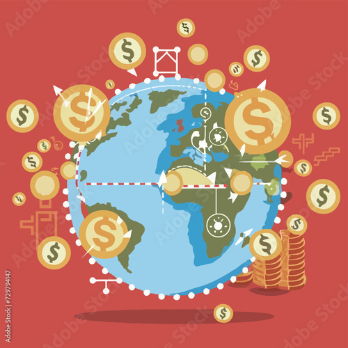 2d vector illustration colorful trading over the world map money bitcoin crypto 
