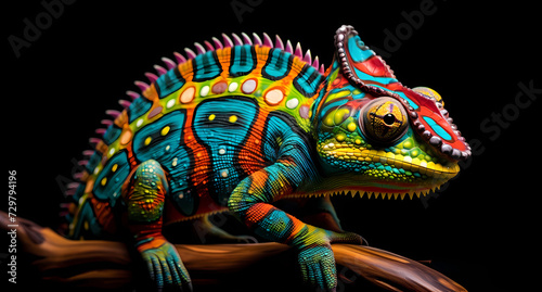 a chameleon in colorful colors is standing on black background © Asep