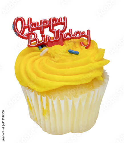 Festive cupcake. Happy birthday. Yellow delicious fresh cupcake isolated from background for your cafe menu design or holiday birthday card. © Sensey3242