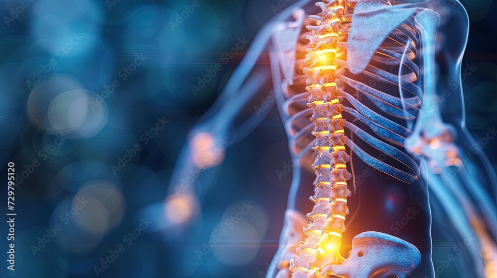 X-ray Illustration of a man with curvature of the spine, back pain, protrusion and hernia of the spine.Medical  Help from an osteopath, neurolog or surgeon, henriology. Medical topics, 3D rendering - obrazy, fototapety, plakaty 