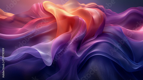 Vibrant 3D digital wallpaper with blue and purple waves, woven color planes, gossamer fabrics, and colorful installations.