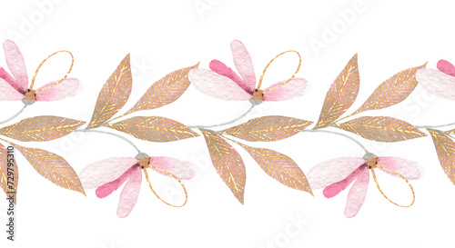 Watercolor painted floral seamless frame. Pink  golden flowers. Seamless border.