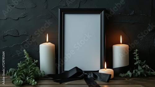 Blank funeral frame  burning candles and black ribbon on wooden table against dark background