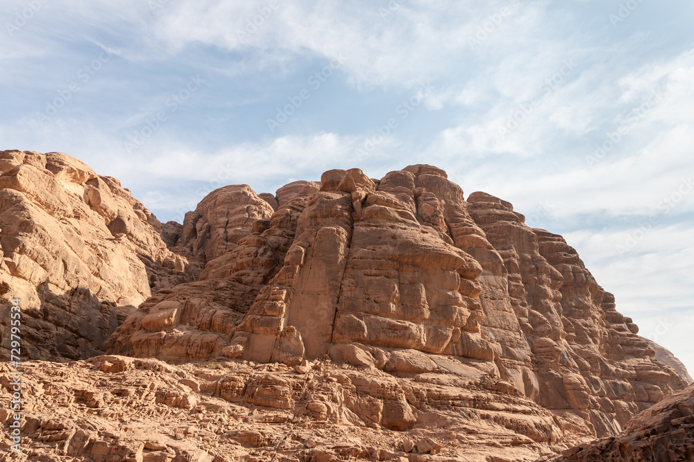 Unforgettable mountain ranges in red desert of the Wadi Rum near Amman in Jordan
