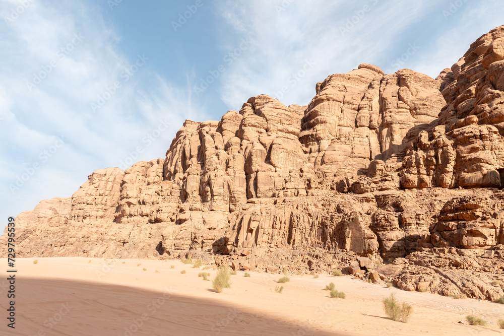 Unforgettable mountain ranges in red desert of the Wadi Rum near Amman in Jordan