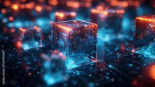 Vivid square cube abstract, rendered in Unreal Engine, highlighting joints, holography, interactive installation, in navy and aquamarine.
