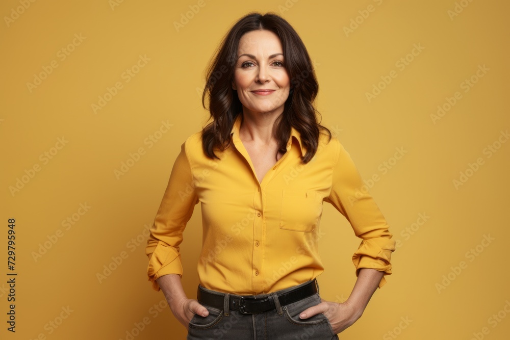 Portrait of mature woman in yellow shirt and jeans on yellow background Portrait of mature woman in yellow shirt and jeans on yellow background