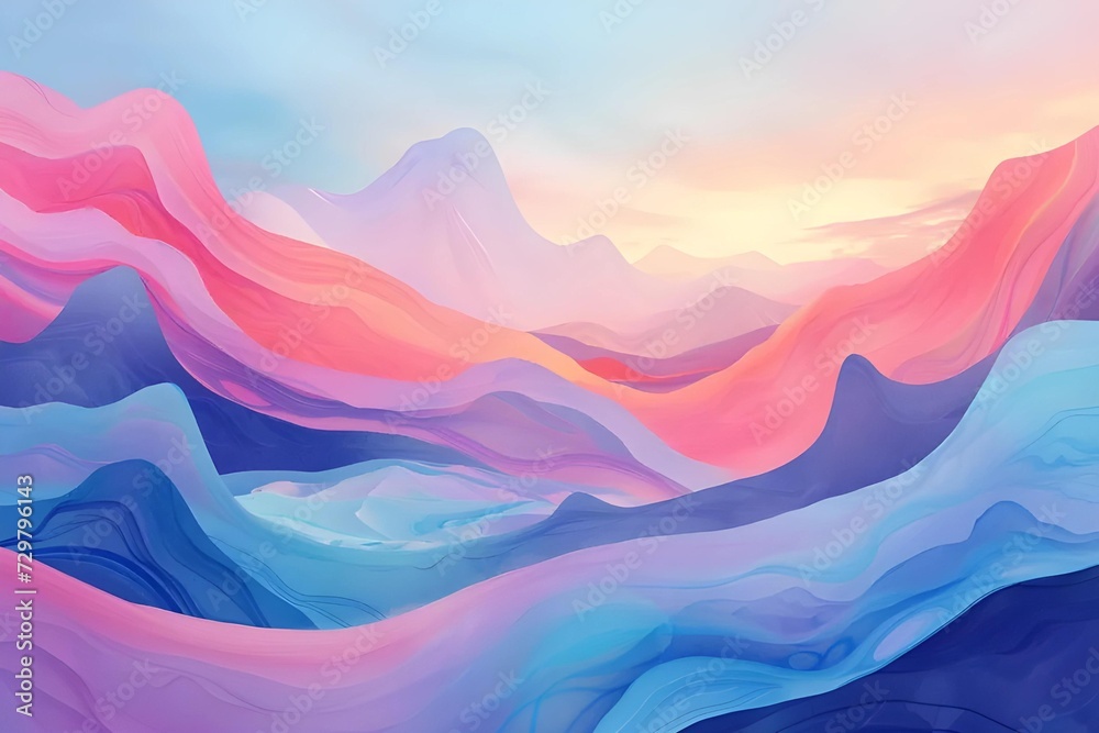 Surreal landscape in abstract art style, combining fluid shapes and dreamy pastel colors to evoke a sense of calm and wonder, inviting exploration.
