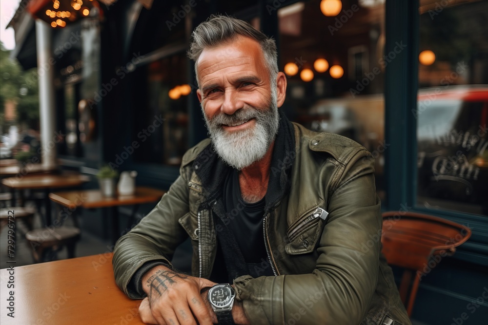 Portrait of a handsome mature man with gray beard and mustache wearing a leather jacket sitting in a cafe.
