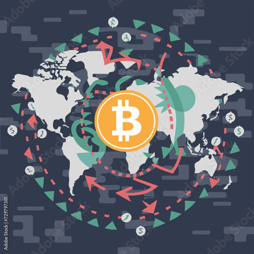 2d vector illustration colorful trading over the world map money bitcoin crypto 
