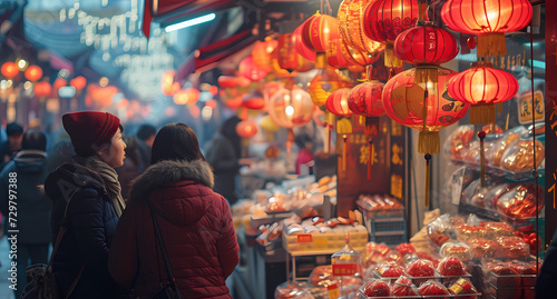 shoppers browse lanterns and vendors as they prepare for the new year's holiday