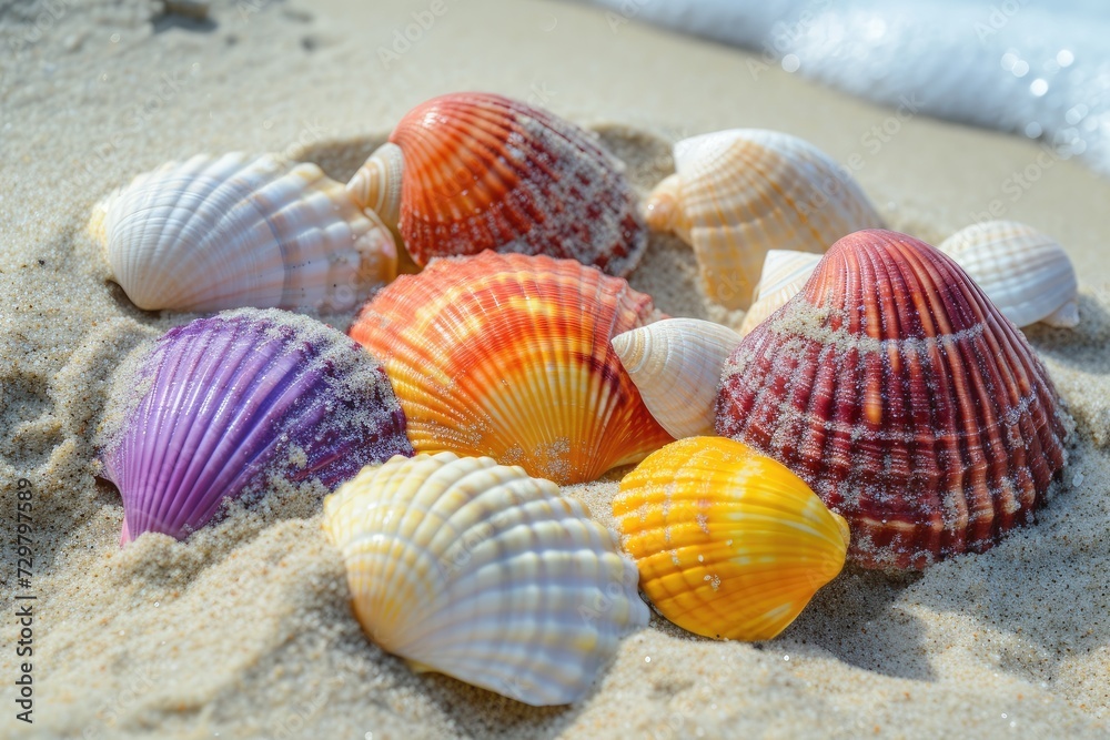 Collection of various colorful seashells on sand. Collection of various colorful seashells on sand.