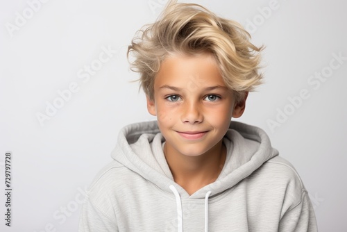 Portrait of a smiling little boy in a hoodie on a gray background © Chacmool