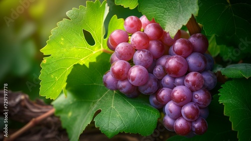 A luscious cluster of grapes, gleaming with ripeness, rests enticingly against a backdrop of verdant vine leaves. 