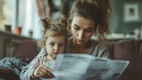 Single mom with child frustrated holding bills for payment