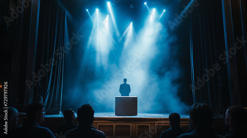 A theatrical show scene, where the stagecraft involves a box unveiling, the spotlight capturing the dramatic effect and the performer's stage presence