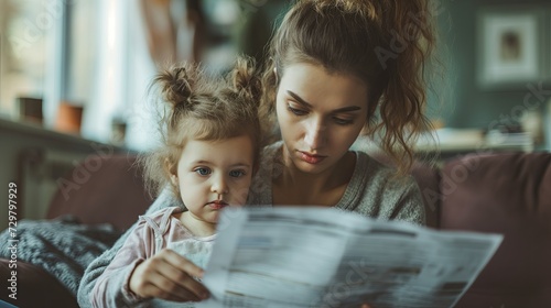 Single mom with child frustrated holding bills for payment photo