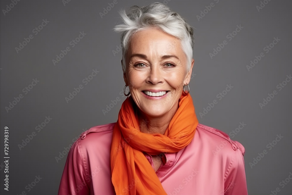 Portrait of a happy senior woman with orange scarf over grey background Portrait of a happy senior woman with orange scarf over grey background