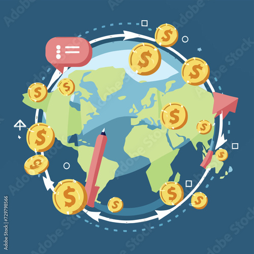 2d vector illustration colorful trading over the world map money bitcoin crypto 
