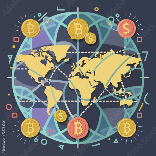 2d vector illustration colorful trading over the world map money bitcoin crypto 
