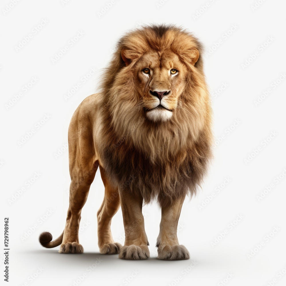 Majestic male lion walking forward, isolated on a white background.