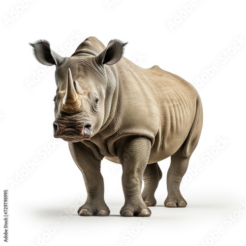 Isolated adult rhinoceros standing on a white background, full body front view.
