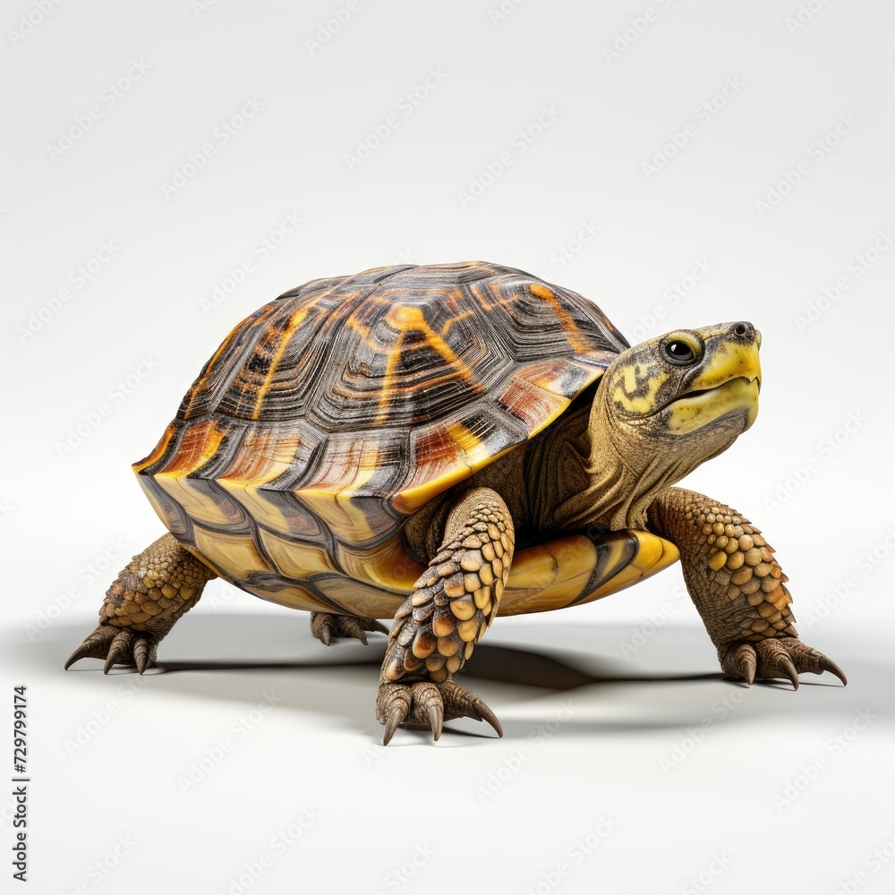 Close-up of a solitary tortoise on a clean white background