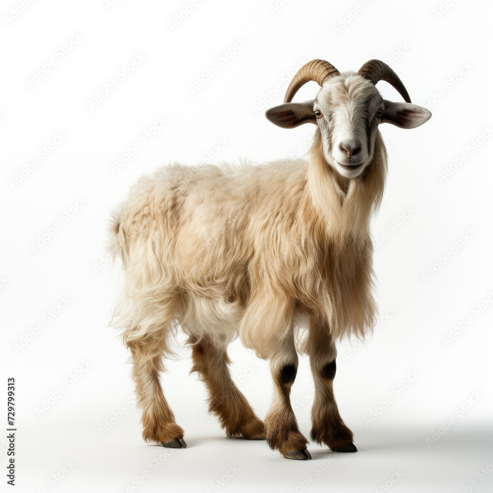 Portrait of a majestic brown goat with long fur and curved horns, isolated on a white background.