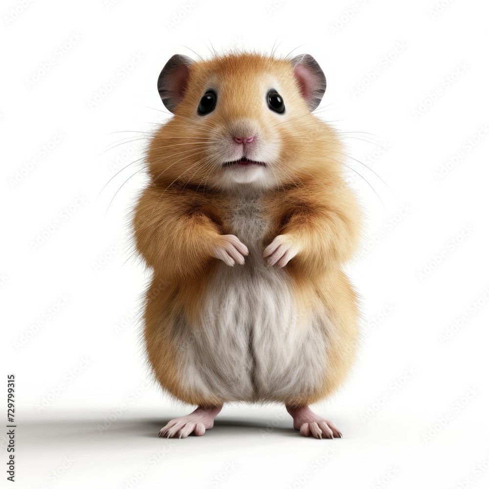 Cute brown and white hamster standing on hind legs isolated on white background.