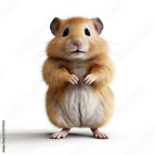 Cute brown and white hamster standing on hind legs isolated on white background.