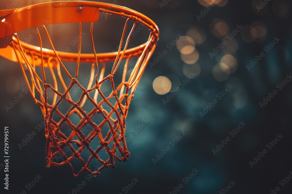  a basketball hoop with a net in the dark
