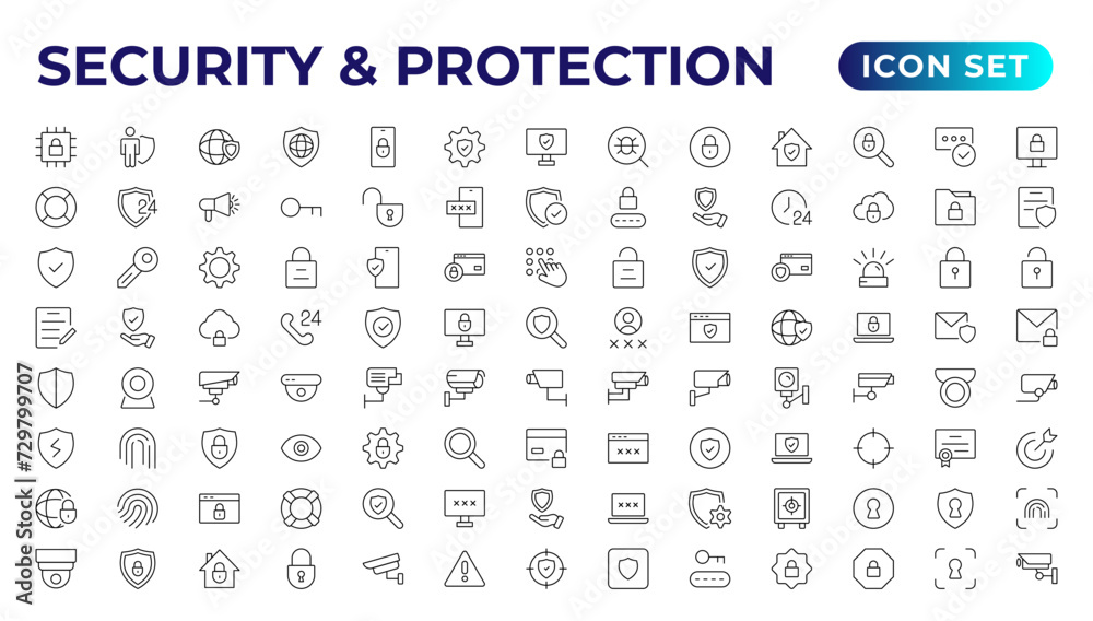 Safety, security, protection thin line icons. For website marketing design, logo, app, template, etc.Set of security shield icons,shield logotypes with a check mark, and padlock. Security symbols. - obrazy, fototapety, plakaty 