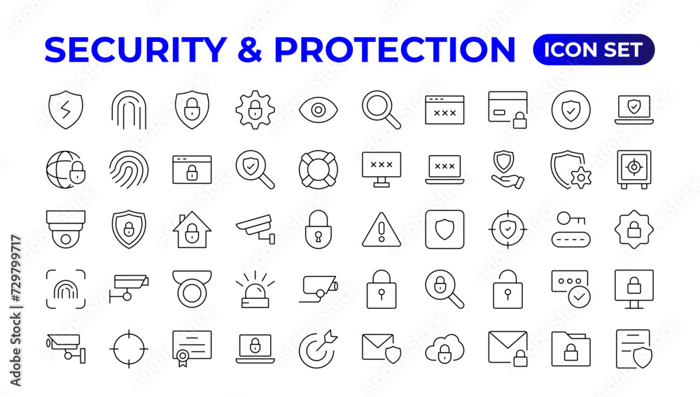 Safety, security, protection thin line icons. For website marketing design, logo, app, template, etc.Set of security shield icons,shield logotypes with a check mark, and padlock. Security symbols. Safety, security, protection thin line icons. For website marketing design, logo, app, template, etc.Set of security shield icons,shield logotypes with a check mark, and padlock. Security symbols.