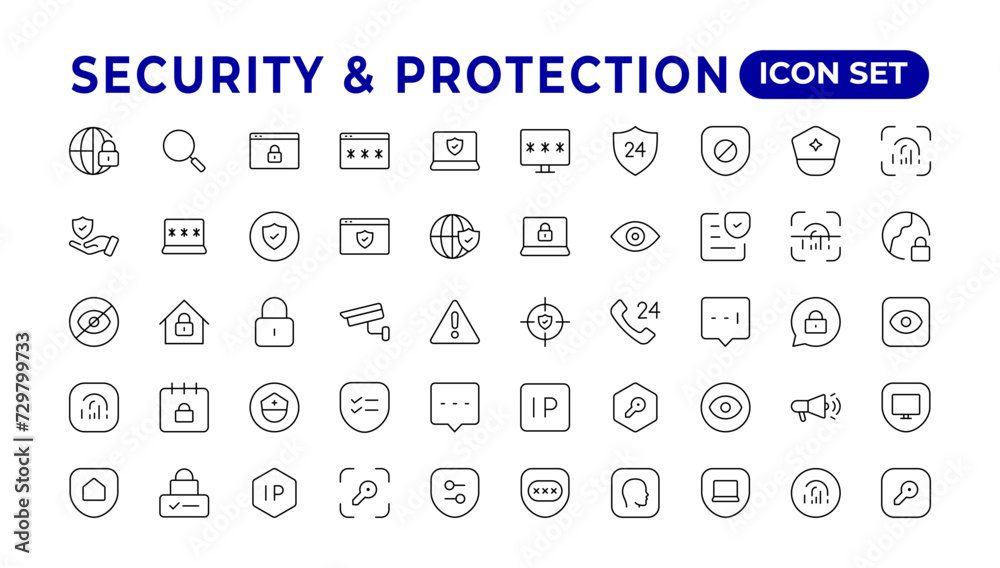 Safety, security, protection thin line icons. For website marketing design, logo, app, template, etc.Set of security shield icons,shield logotypes with a check mark, and padlock. Security symbols. Safety, security, protection thin line icons. For website marketing design, logo, app, template, etc.Set of security shield icons,shield logotypes with a check mark, and padlock. Security symbols.