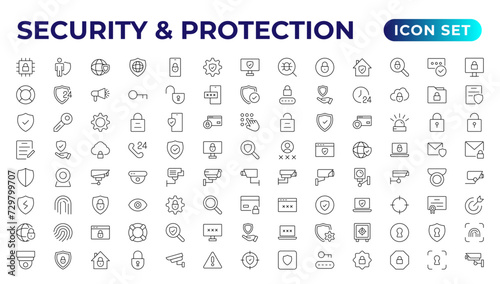 Safety, security, protection thin line icons. For website marketing design, logo, app, template, etc.Set of security shield icons,shield logotypes with a check mark, and padlock. Security symbols. photo
