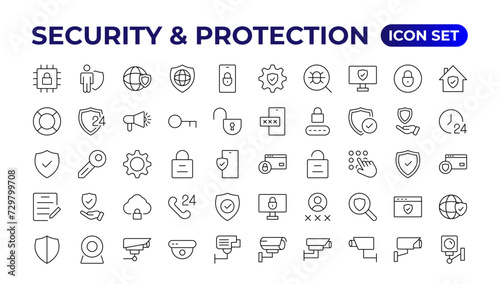 Safety, security, protection thin line icons. For website marketing design, logo, app, template, etc.Set of security shield icons,shield logotypes with a check mark, and padlock. Security symbols. © artnazu