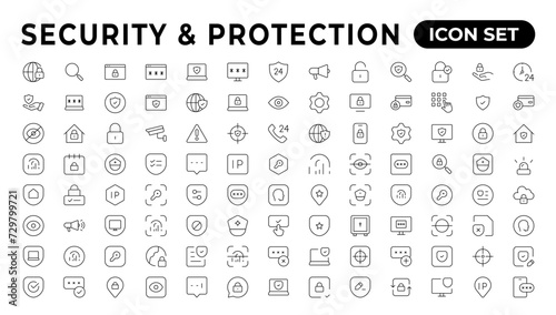 Safety, security, protection thin line icons. For website marketing design, logo, app, template, etc.Set of security shield icons,shield logotypes with a check mark, and padlock. Security symbols.
