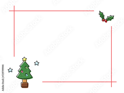クリスマスのフレーム（色ずれ）　ツリーとヒイラギ