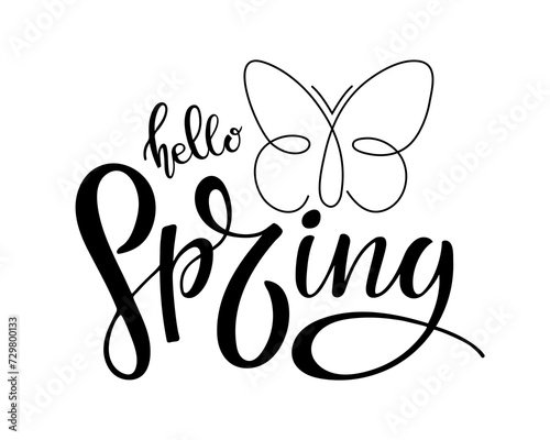 Hello Spring calligraphy lettering black isolated on white background. Handwritten lettering with butterfly design for banner, flyer, brochure, card, poster of seasonal spring holiday