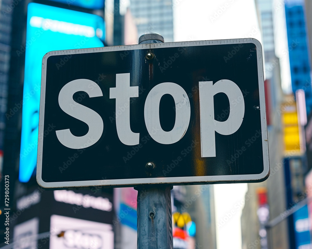  a stop sign in front of a building in times square 