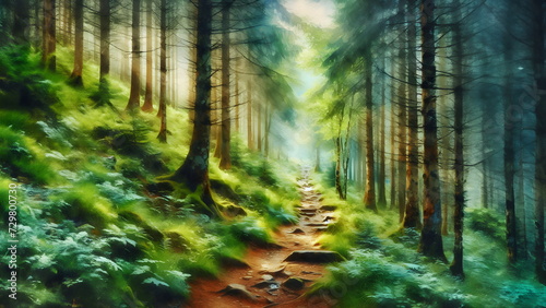 Enchanting wild forest path with watercolor effect