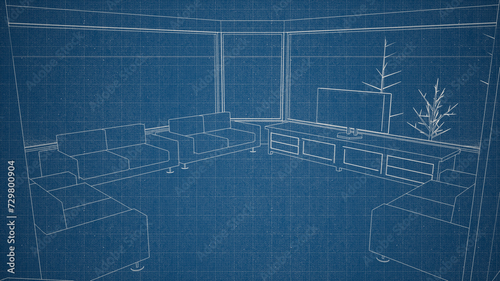 sketch blueprint building and interior