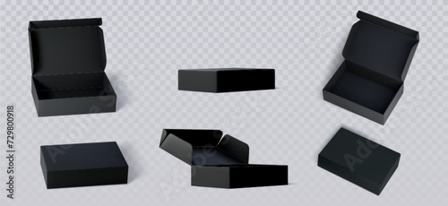 Black cardboard box mockups set isolated on transparent background. Vector realistic illustration of open and closed 3d carton packages for shoes, mail delivery, gift parcel packaging blank surface